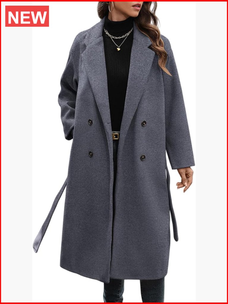 Women's Wool Blend Double Breasted Notch Lapel Long Trench Coat With Belt